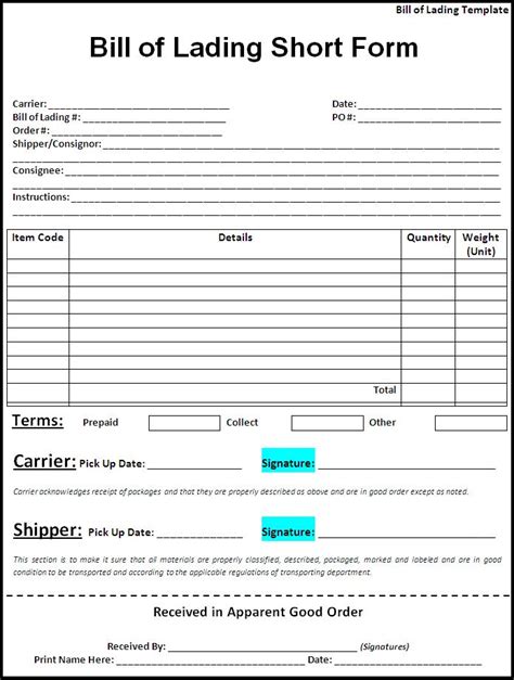Bill Of Lading Excel Template